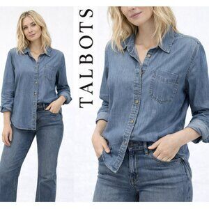 Talbots Denim Button Down Shirt Large Blue Chambray Classic Casual Top